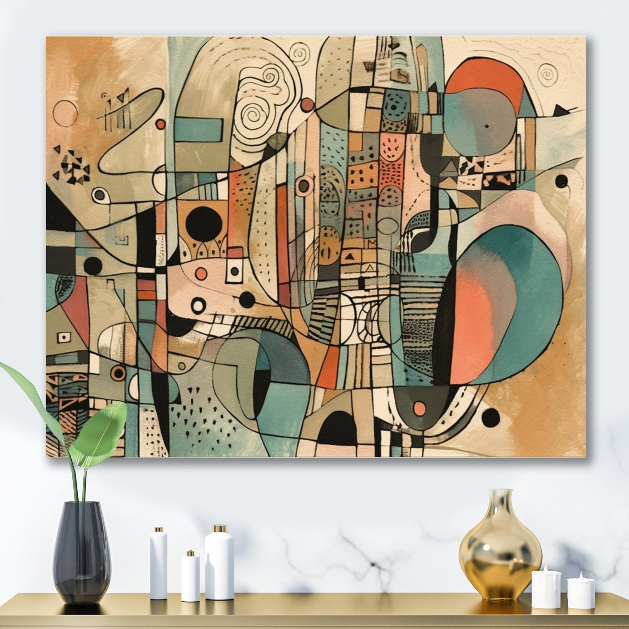 Wrought Studio™ Golden Mid Century Boho Drawing Minimalism Canvas Art